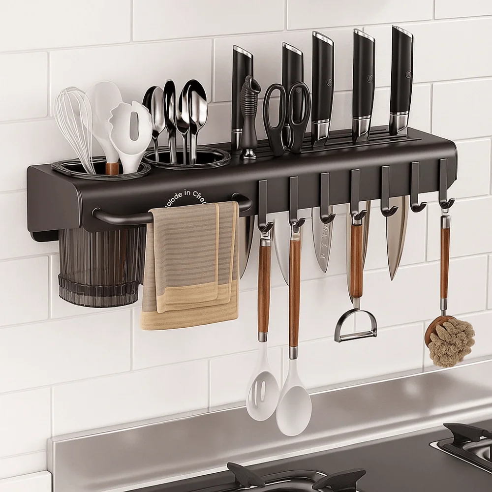 

Carbon Steel Kitchen Storage Shelf Large Capacity Wall Mounted Integrated Chopstick Cage with Bracket Hook Detachable