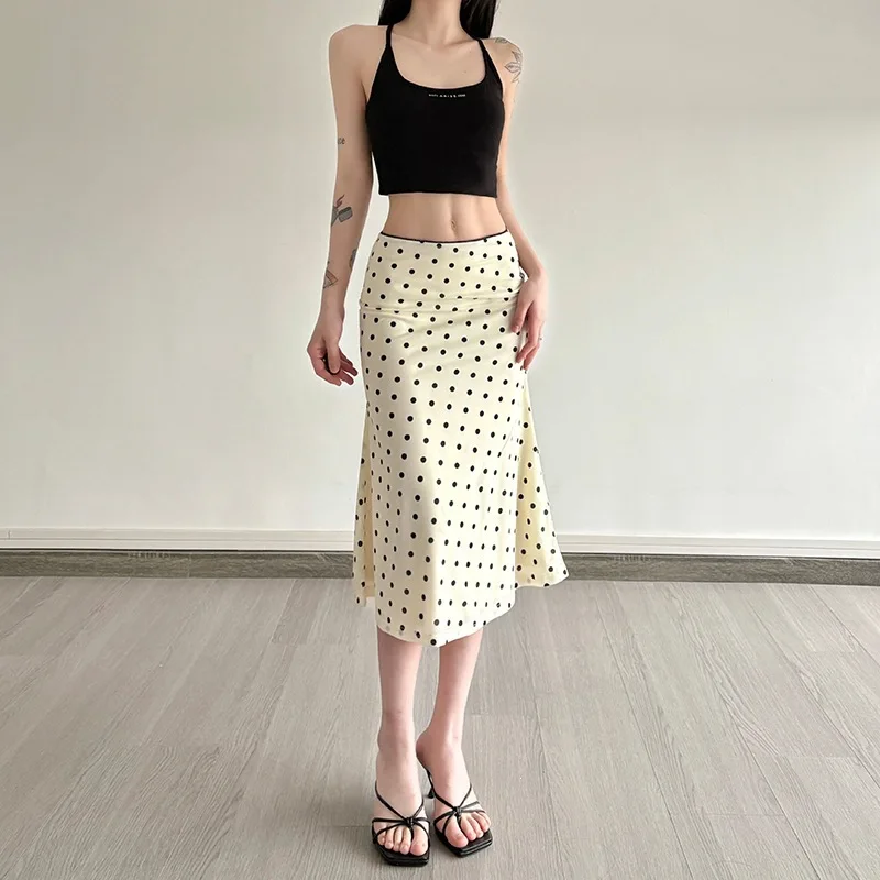 French Retro Polka Dot High Waist Half Skirt Body Shaping mid Length Wrap around Skirt Casual Empire Style Cotton Blend Fabric