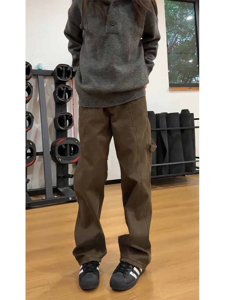 

Retro American Flared Jeans Men's Autumn Winter Fce Splicing Loggers Straight Leg Long Trousers mid Waist Button Pure Color