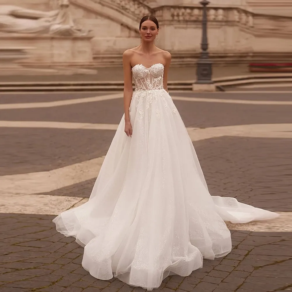 

Sweetheart Collar Tulle Shiny A-line Wedding Dress Lace Backless Floor Length Boho Bridal Dress with Train Custom Made vestido