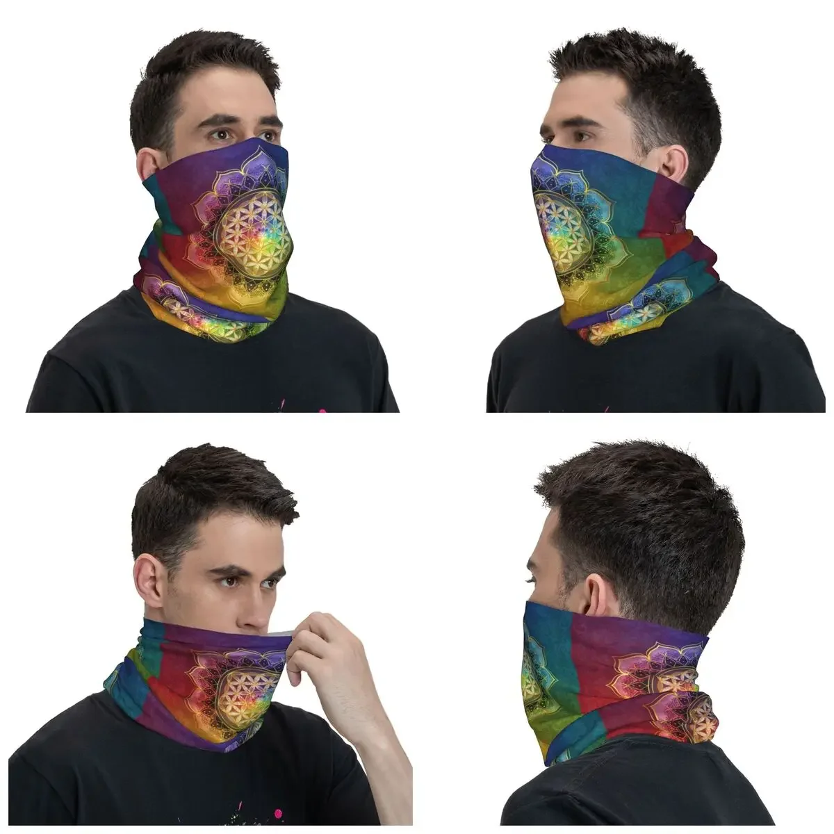 Rainbow Flower Of Life With Bandana Neck Gaiter for Hiking Camping Men Women Wrap Scarf Sacred Geometry Balaclava Warmer