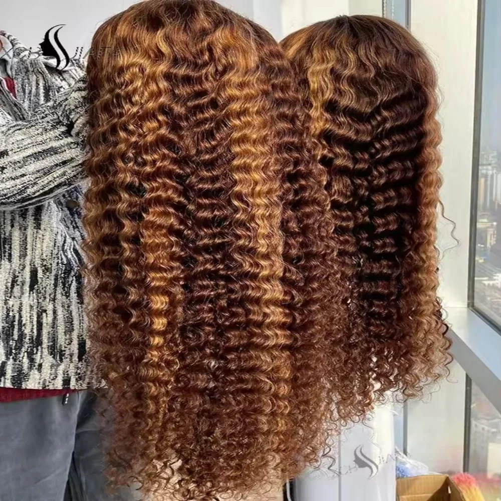 32 34Inch 13x4 Lace Deep Wave Wig Invisible Strap P427 Highlight Human Hair Wigs Brazilian Preplucked Water Wave 200 Density Curly Wig