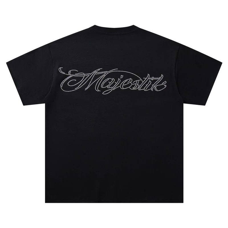MAJESTIK T-shirts American High Street Trend Brand New Washed Do Old Diamond Inlaid Casual Round Neck Top T-shirt