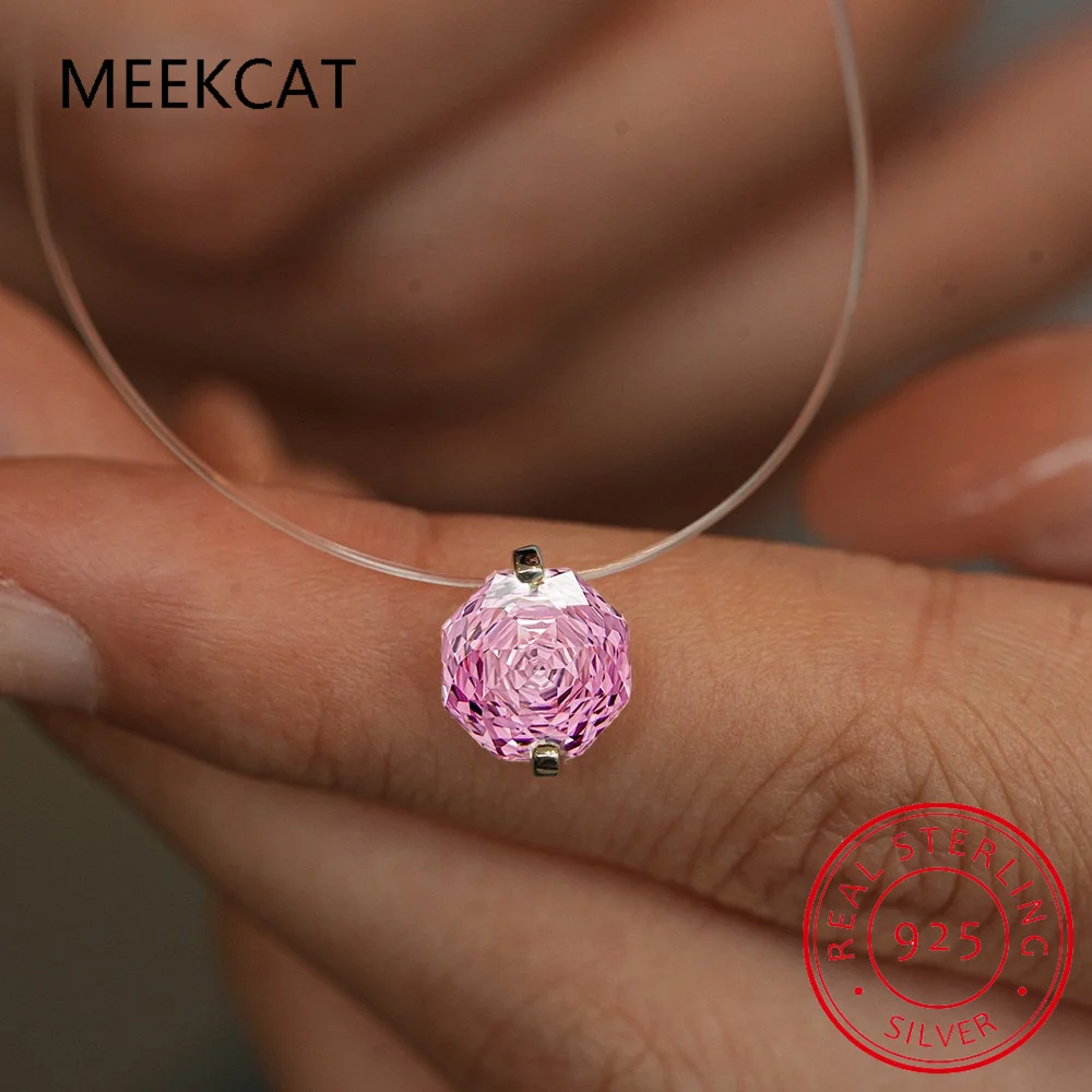 Real Moissanite Diamond Pink Octagonal Rose Cut Pendant Necklace 925 Sterling Silver Transparent Fishing Line Fine Jewelry Colar