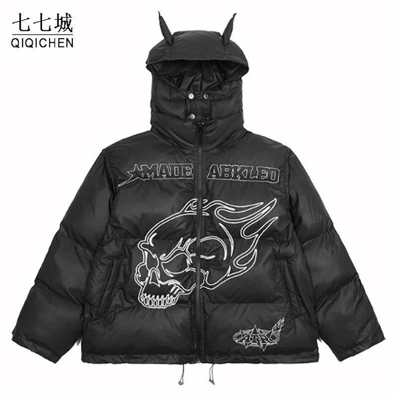 

Winter Hooded Parkas Jackets Men Detachable Sleeves Jacket Skeleton Embroidery Devil Horns Puffer Padded Coat Unisex Streetwear