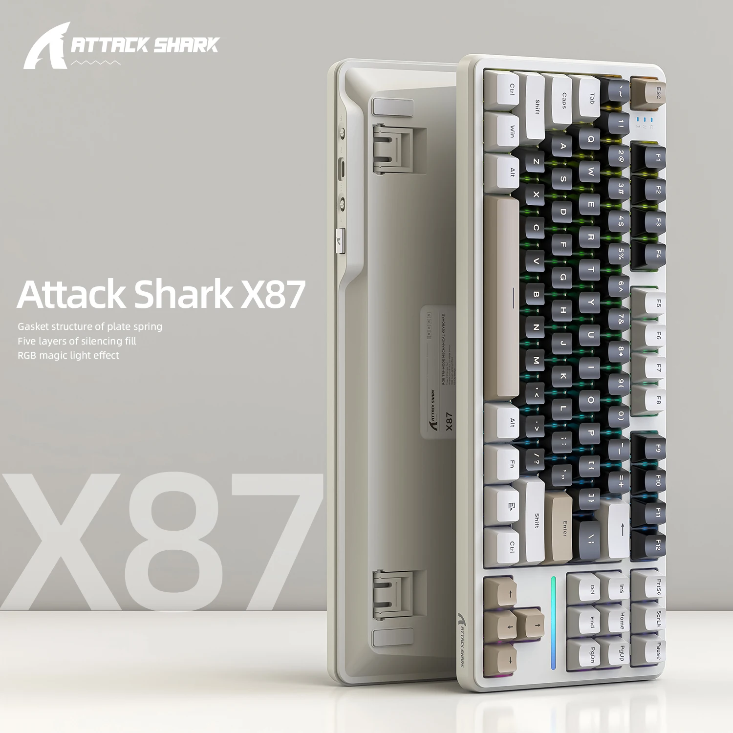 X87 Attack Shark Gaming Keyboard Wireless,Side Engraved Translucent Character Mechanical Keyboard,RGB,Hot-Swap,Bluetooth Tri-mod