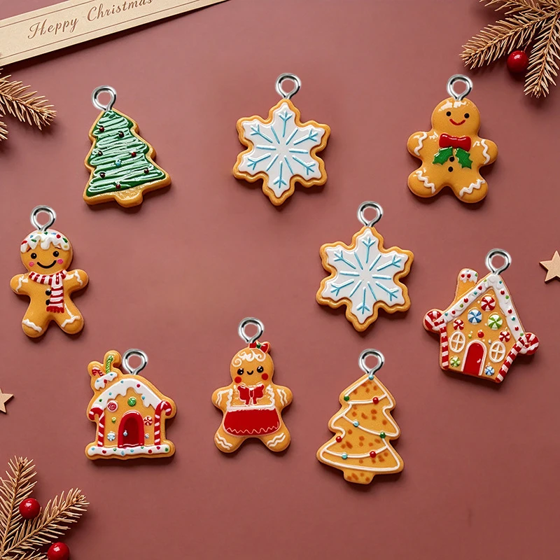 10 pièces, breloques en résine en forme de maison de Noël en pain d’épices, pour la création de bijoux, accessoires de bricolage, boucles d’oreilles, colliers, porte-clés.