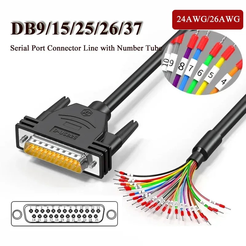 9/15/25/37 Pin Terminal Wire with Number Tube DB9 DB15 DB25 Serial Port Connector Line DB37/25/15 Parallel Port Connecting Cord