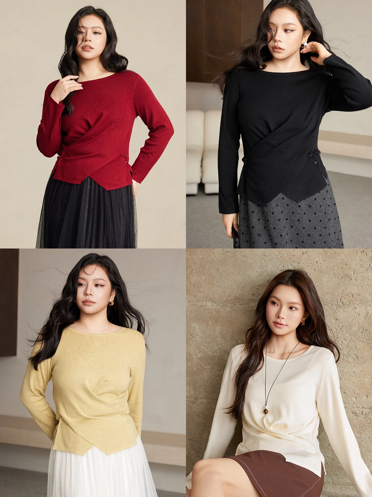 

Plusmall Wool Blend Long Sve round Ne Design Sensation Waist Cinched Knitwear Top Casual Sle Spring Season Ladies Wear