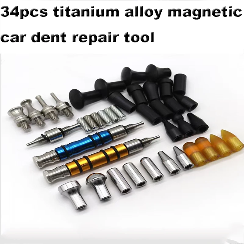 Herramienta de reparación de abolladuras de coche, herramienta de elevación de aleación con imán, pluma de percusión, Kit de martillo, herramienta de reparación de abolladuras de chapa de Metal sin pintar, 34 Uds.