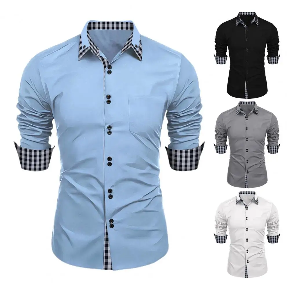 Formal Slim Fit Shirt Slim Fit Long Sleeve Shirt Colorblock Plaid Print Men's Spring Shirt Slim Fit for Streetwear