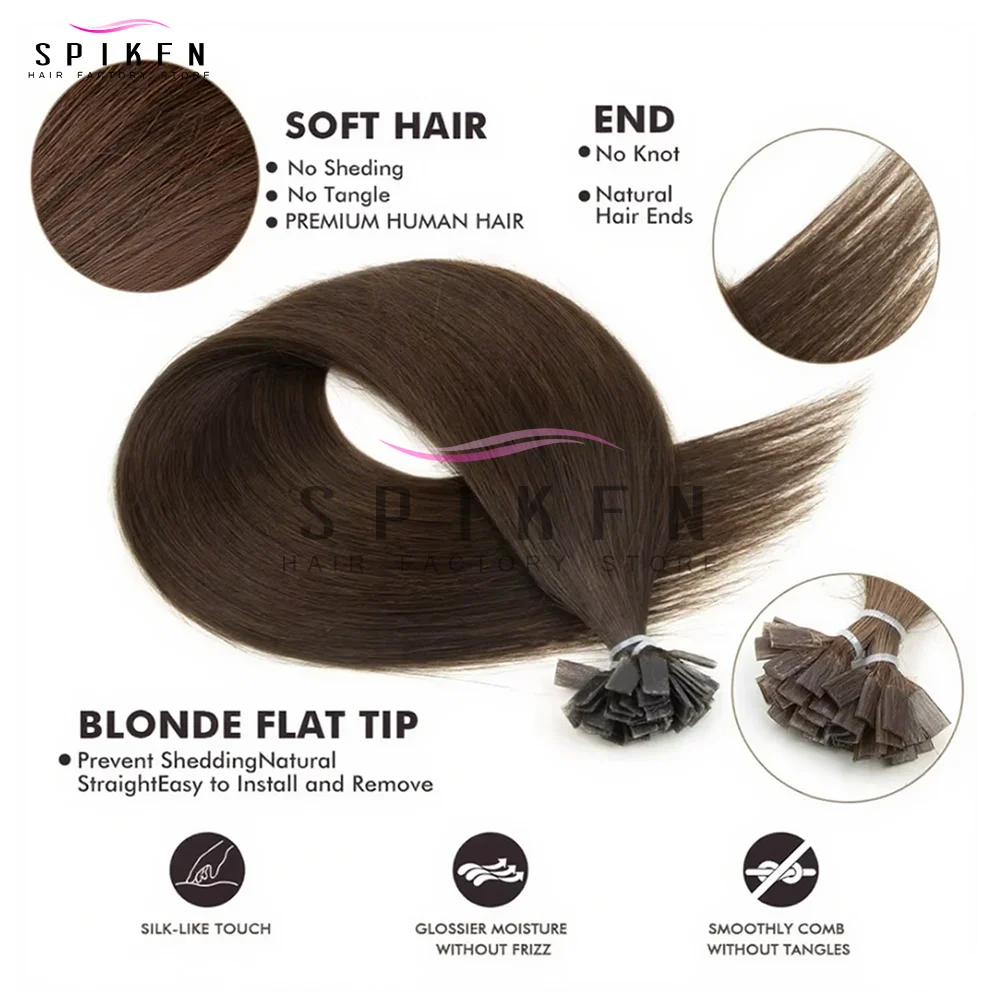 SPIKFN ストレートケラチンフラットチップ人毛エクステンションハニーブラウンフュージョンプレボンド人毛 50 個/パック軽量薄い端