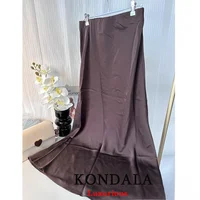 KONDALA Vintage Casual Brown Satin Long Skirts Women High Waist Elastic Straight Mocha Mousse Skirts Fashion 2025 Elegant Skirts - Image 6