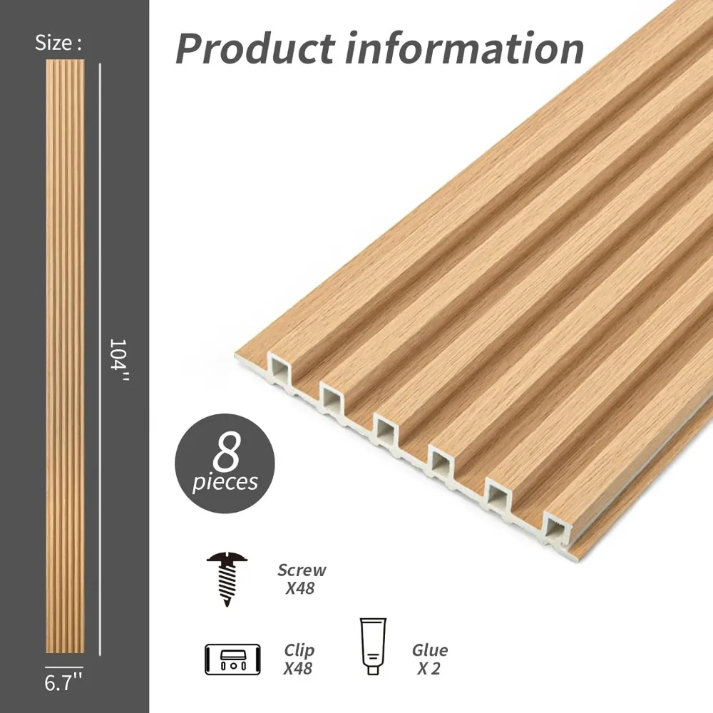 แผ่นผนังไม้ระแนง 8 แพ็ค, ผนัง 3D กันเสียง WPC 104 '' x 6.7''