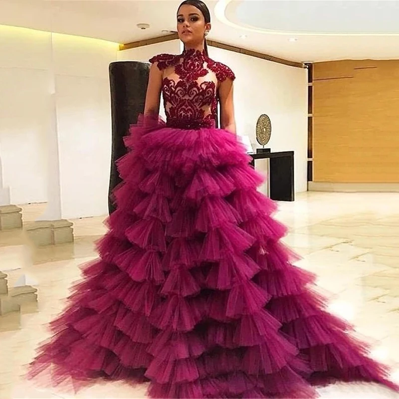 Smileven Purple Prom Dresses Lace Top Puff Tulle Ruffles Tiered Evening Dresses High Neck Tiered A-Line Party Dress 2023