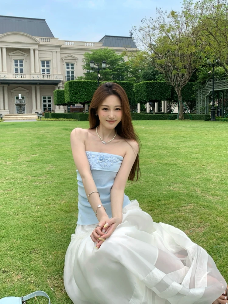 

Slimming Effect Knitted Summer Vest Top Women's Strapl Embroidered Slim Fit Bustier Chinese Sweet Sle Asymmetric