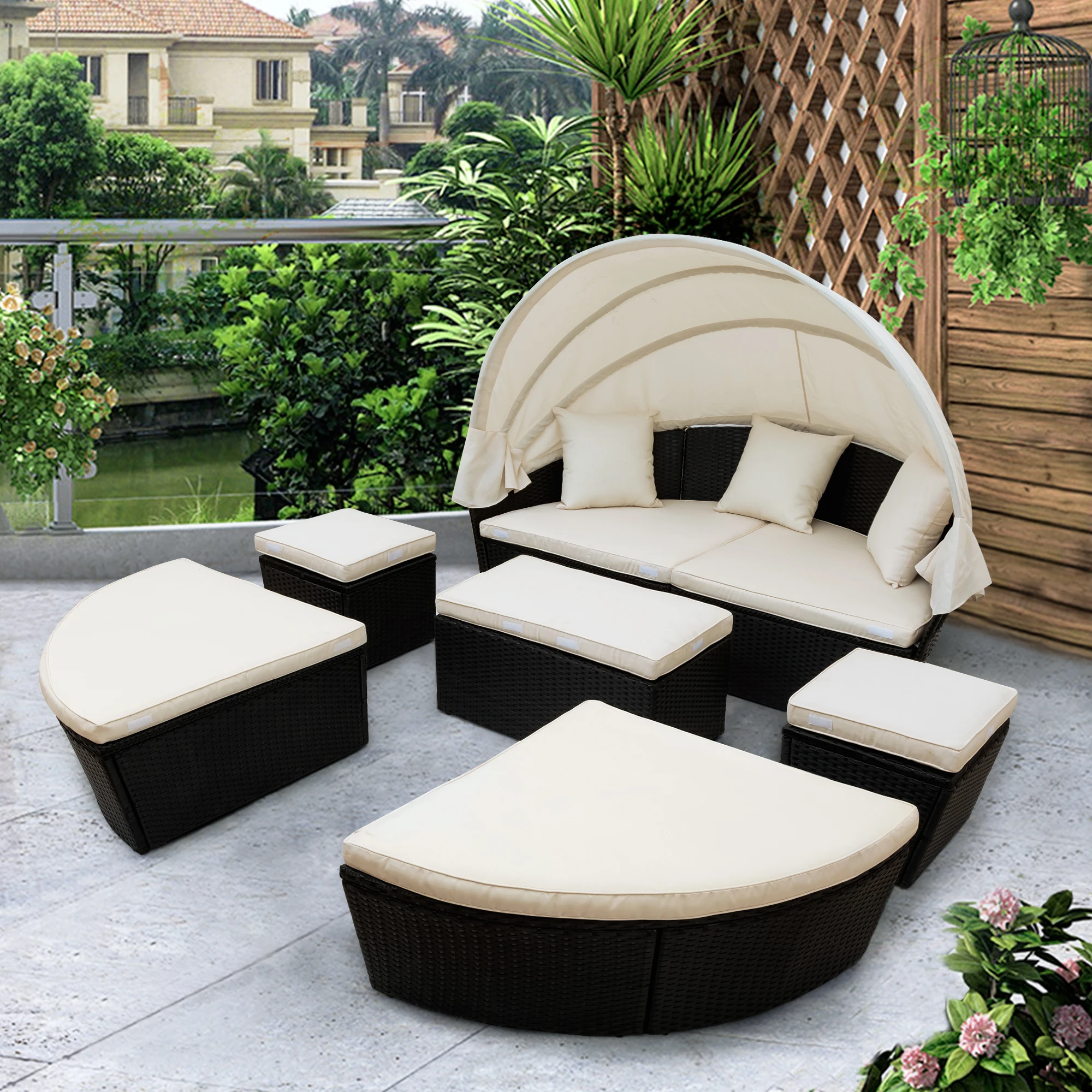 Outdoor Rattan Daybed Sunbed W/Retractable Canopy Round Sectional Sofa Set Black Wicker Furniture Clamshell Seating[US-Stock]