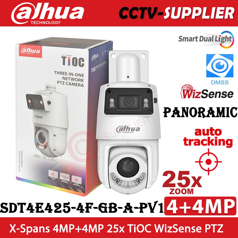 

Dahua Brand PTZ Camera SDT4E425-4F-GB-A-PV1 Auto Tracking X-Spans 4MP(Panorama)+4MP(PTZ) 25x Zoom TiOC WizSense IP PTZ Camera