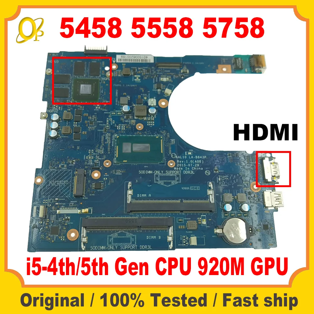 AAL10 LA-B843P for Dell Inspiron 5458 5558 5758 Laptop Motherboard CN-0149M4 CN-0V2X3C with i5-4th/5th Gen CPU 920M GPU DDR3L