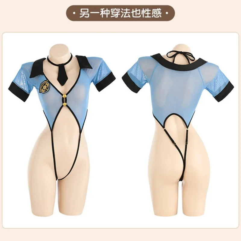 3XL Plus Size Crothless Police Cosplay Uniform Women Sexy Perspective Open File Bodysuit Sexy Lingerie Roleplay Porn Short Dress