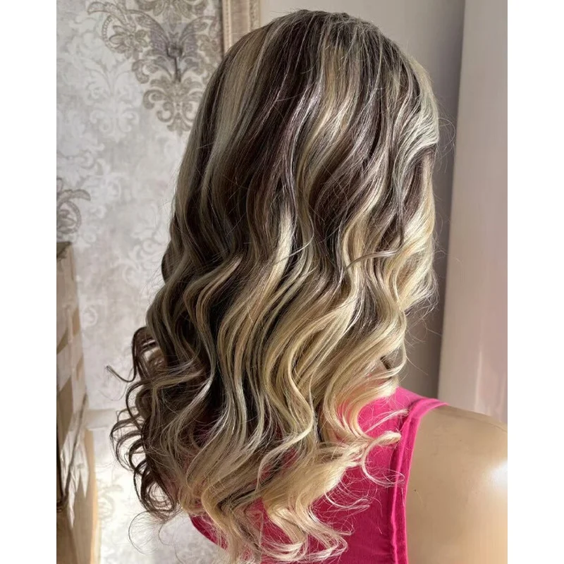 Long Curly Brown Blonde Highlight Lace Front  Hair Wigs Pre Plucked Wigs