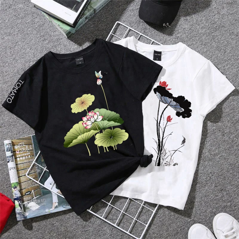 Large Chinese Ink Painting Flowers Thermal Sticker Lotus Iron On Patches For Clothes Girls Dress Patch Heat Transfer For T-shirt