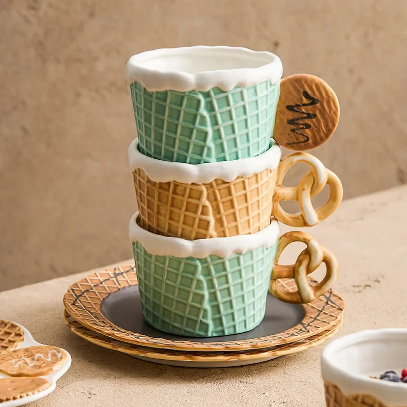 Vintage-Inspired Biscuit-Shaped Ceramic Coffee Cup Set - Premium Breakfast Mug & Dessert Plate for Afternoon Tea