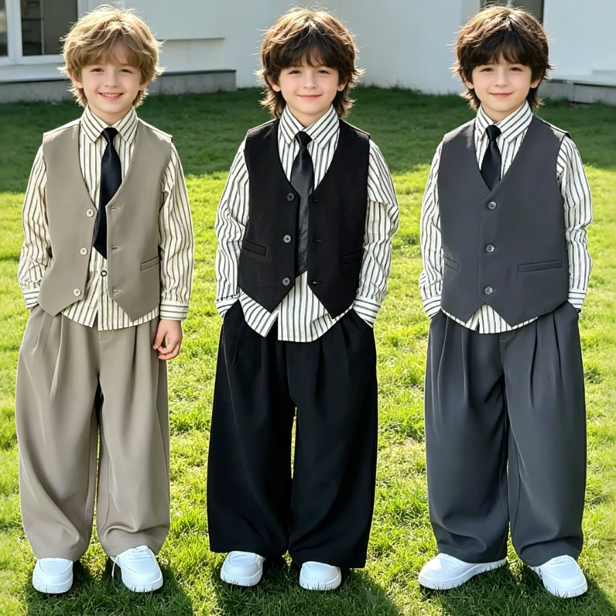 Boys Formal Suit Set Vest Striped Shirt Pants Kids Gentleman Outfit for Wedding Birthday Party Graduation Performance 2-13 Year