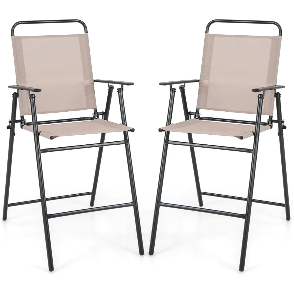 

Outdoor Folding Bar Chair Set of 2, Counter-Height Patio Chairs with Backrest, Armrests, Footrest, Metal Frame, Patio Fu