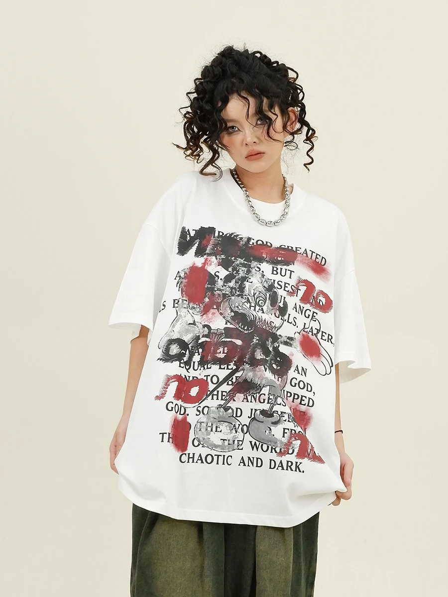 Graffiti cartoon short-sleeved T-shirts women's 2024 summer new loose bfins couple top