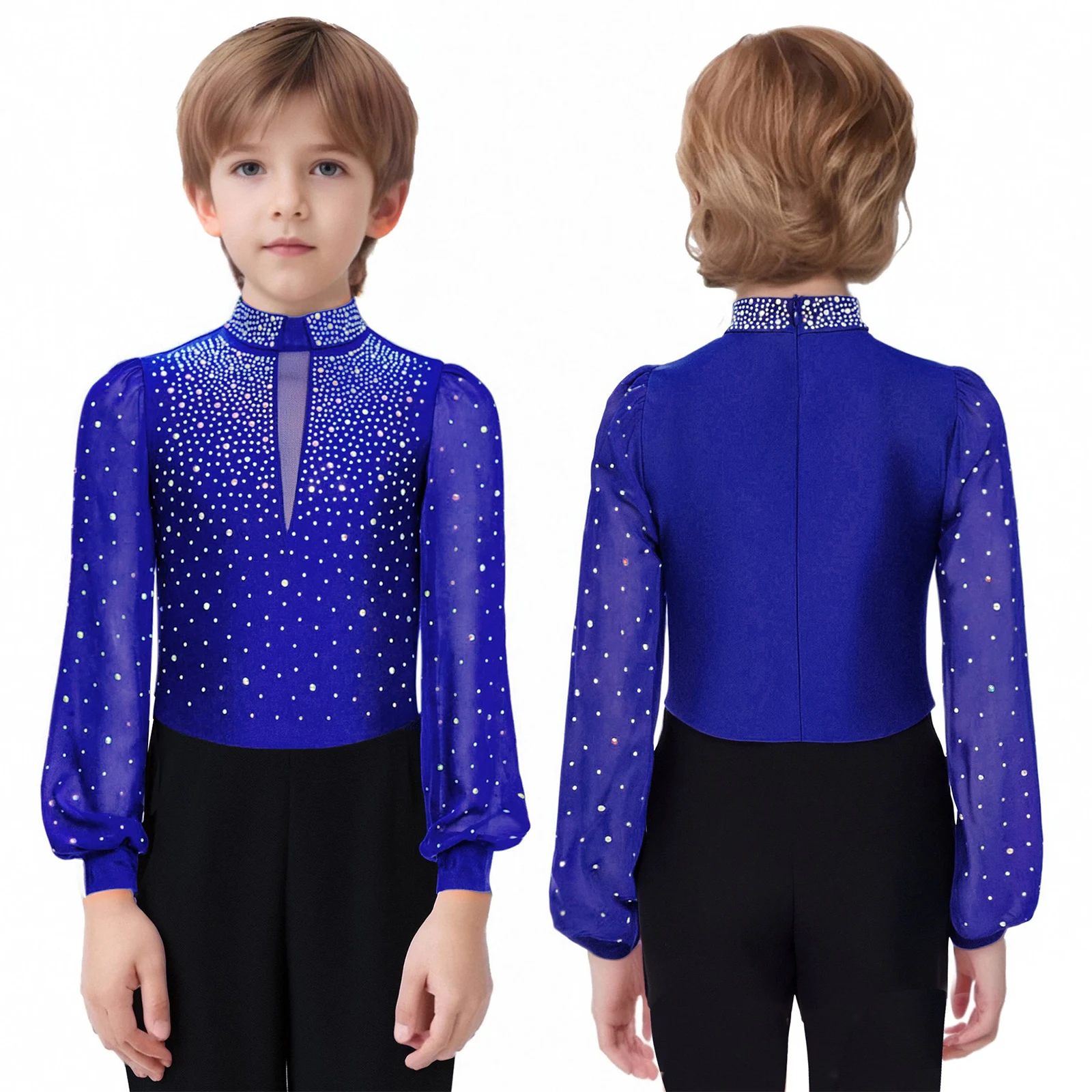 

Kids Boys Lyrical Latin Jazz Dance Clothing Long Sleeve Mock Neck Rhinestones Leotard for Stage Ballroom Prom Dance Performance