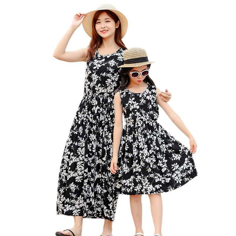 Mother Kids Family Matching Costum Dresses Mum and Girl Summer Clothes Ankle Long Beach Dresses 13 Years Girls Outdoor Clothes