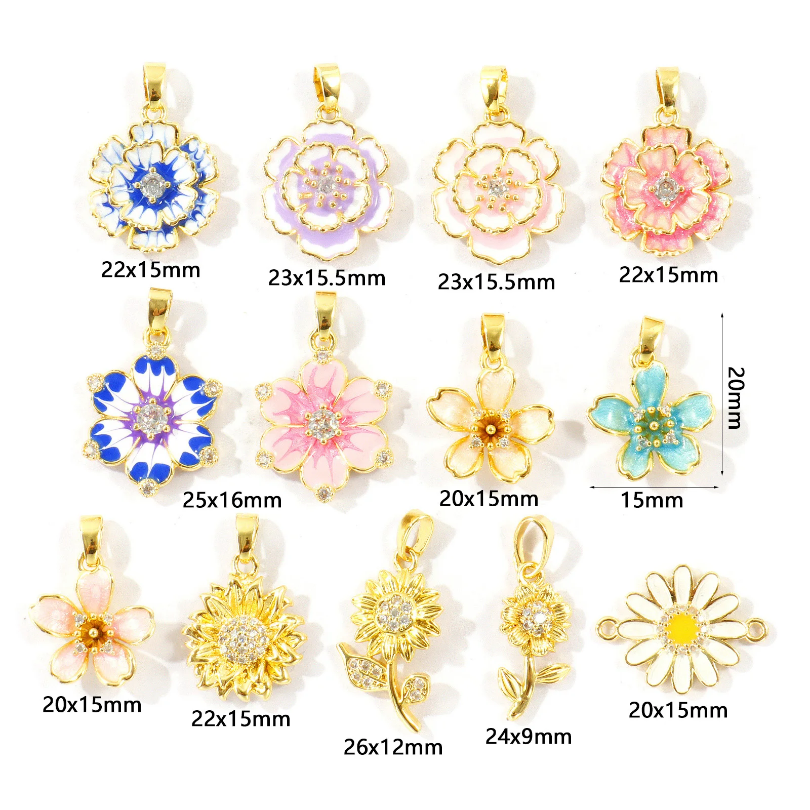 2pcs New Sweet Flower Charms Cubic Zirconia 18K Gold Plated Multicolor Enamel Brass Pendants For Women DIY Necklace Jewelry Gift