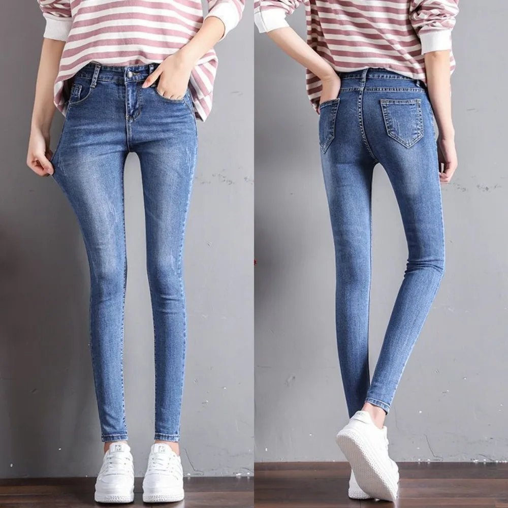 

Зимние женские зимние теплые плюшевые эластичные брюки-карандаш, термоджинсы, повседневные узкие толстые флисовые леггинсы, женские синие брюки в стиле ретро