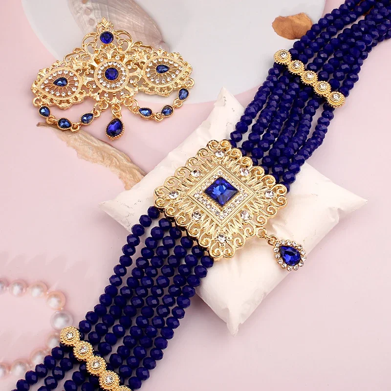 Royal Bule Stone Bridal Jewelry Set Gold Plated Moroccan Caftan Wedding Jewelry Handmade Ethnic Women Accessory Mother Gift