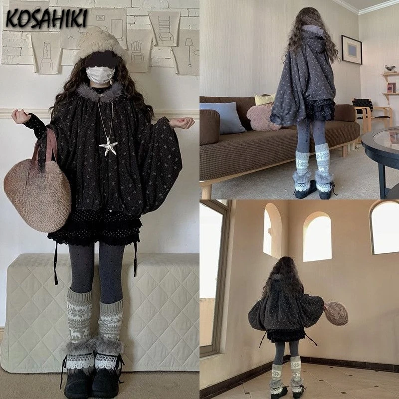 

【Маленький плащ 】 Оригинальное плюшевое хлопковое пальто с рукавами «летучая мышь» в горошек, японское винтажное короткое пальто с бантом Y2K с капюшоном для женщин