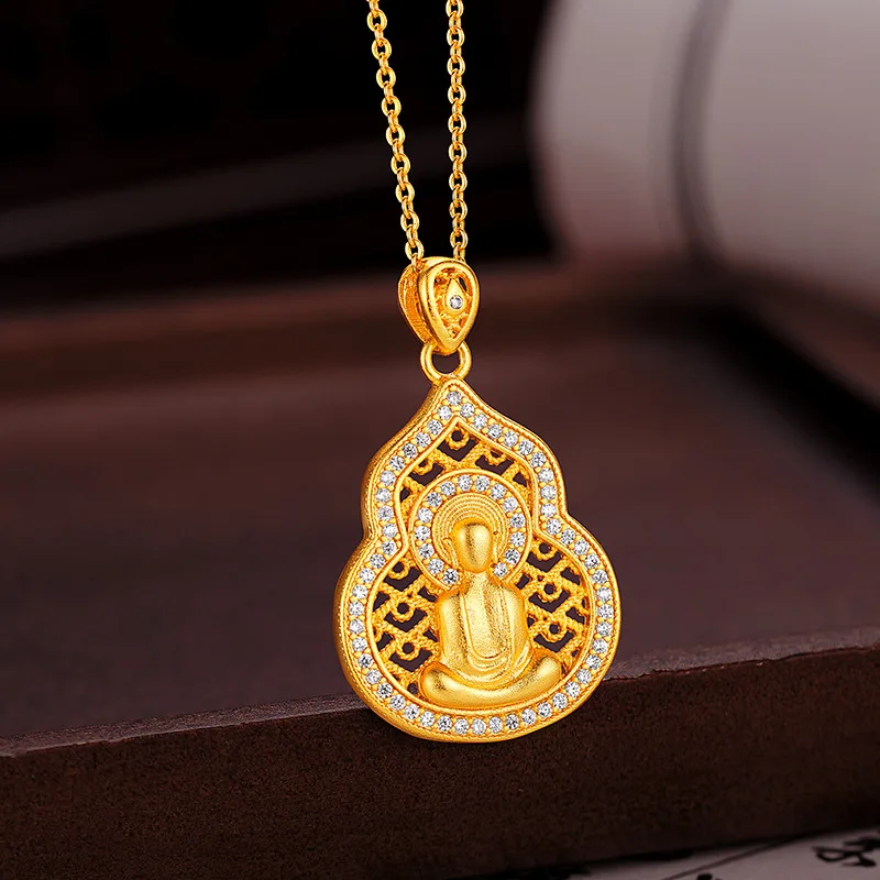 

9999 24K real gold light luxury design sense point diamond ancient pendant point diamond gourd Buddha necklace