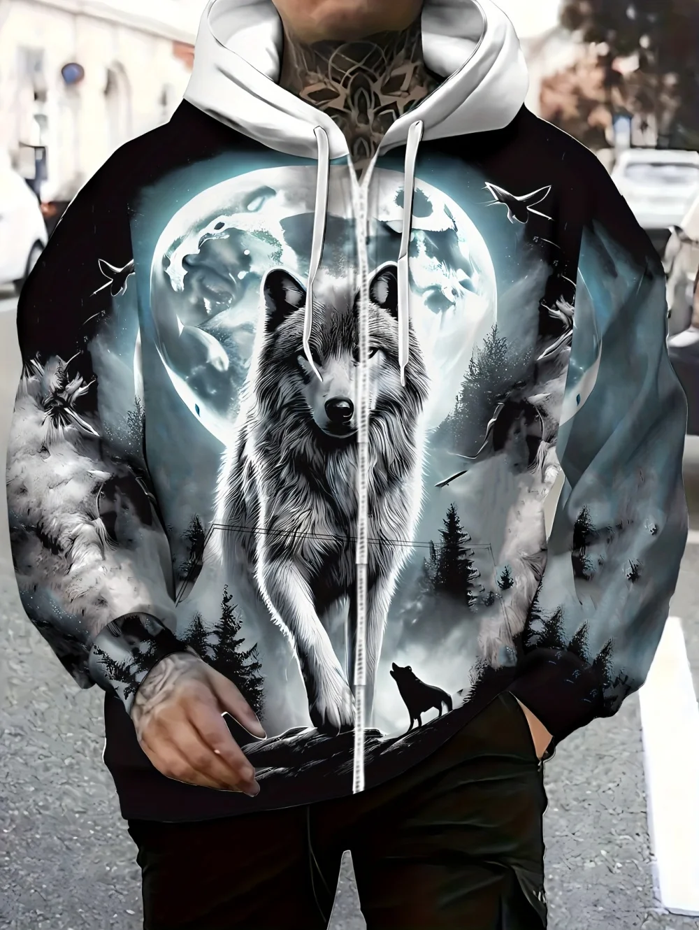 

Street Mens Hooded Zip-Up Sweatshirt Vintage Wolf Graphic Print Adjustable Drawstring Hood Front Pockets Long Sleeve Sweatshirt