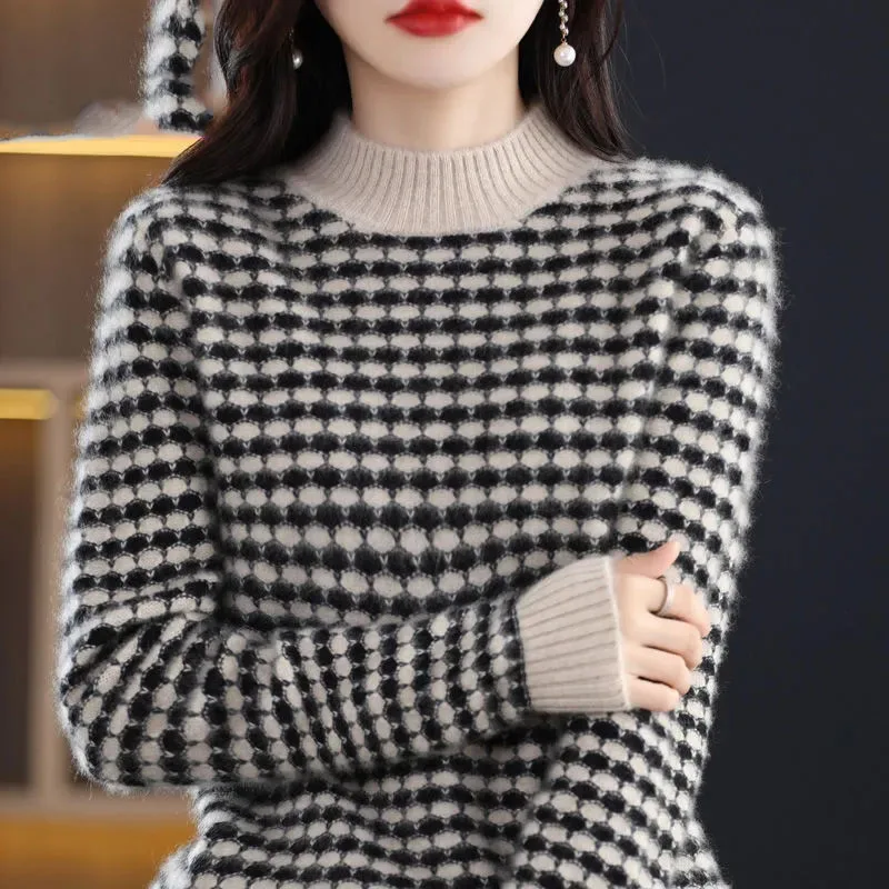 

Женский новый трикотаж большого размера, осенне-зимний женский пуловер с полувысоким воротником, свитер, женский свободный вязаный джемпер с решеткой