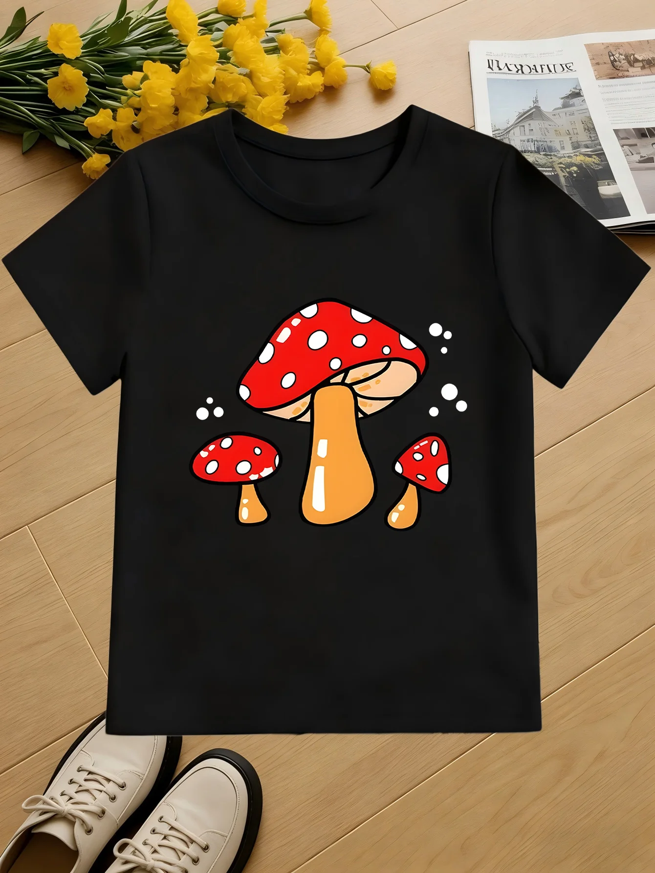 Lovely Three Red Dot Mushroom Whimsical Cartoon Art Print Kids T Shirt Boys Girls Family Matching Summer Crew Neck Casual Tee