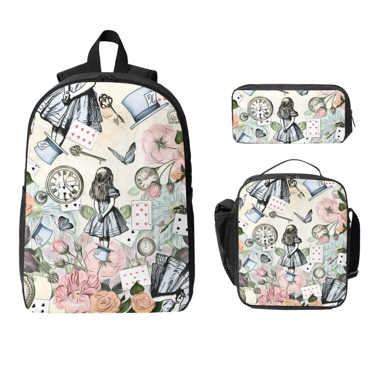

Alice In Wonderland Collage Backpack Boys Girls BookBag School Bag Laptop Shoulder Bags 3ps Insulated Lunch Bag Pencil Case