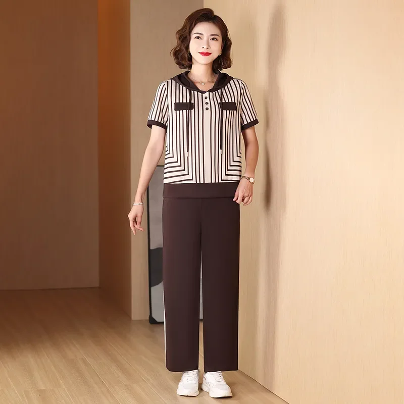 

Women's 2PCS Sports Set Middle-aged Summer Striped Hooded Short Sleeve Top & Pants Casual Tracksuit