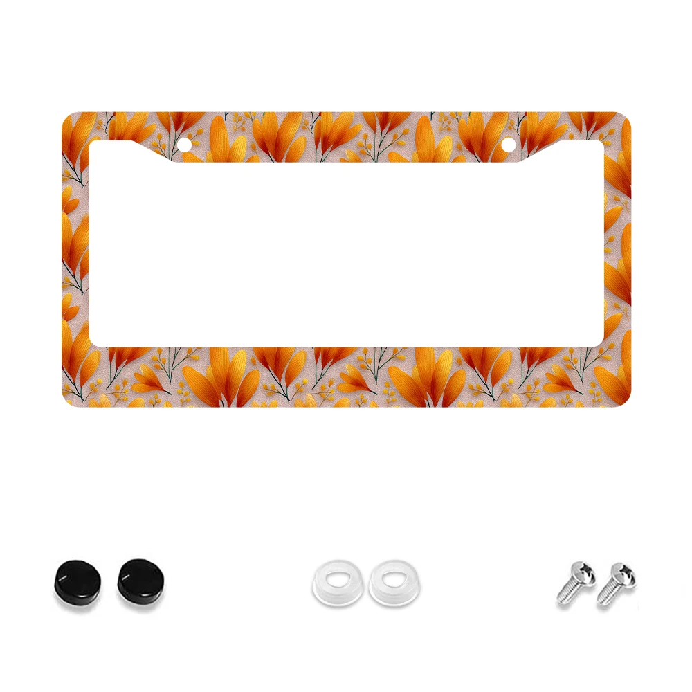 1 قطعة نمط الأزهار البرتقالية 2-Hole إطار لوحة الترخيص ، مادة الألومنيوم ، 6x12 بوصة مع طقم مسامير ربط ، الرجعية الجدة سيارة الديكور