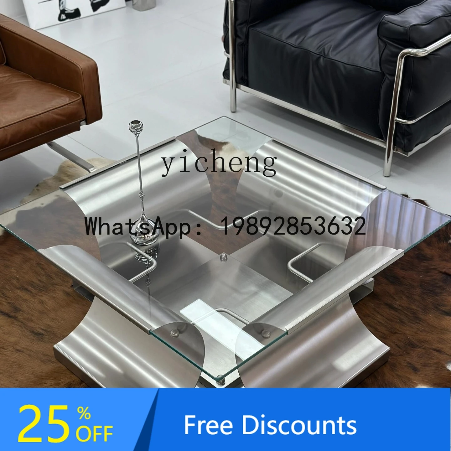 

Stainless Steel Glass Coffee Table Metal Square Living Room Home Office