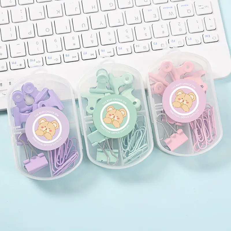 Macaron Colored Bill Binding Stationery Set - Cute Binder Clips Paper Clips Office Student Boxed Kit