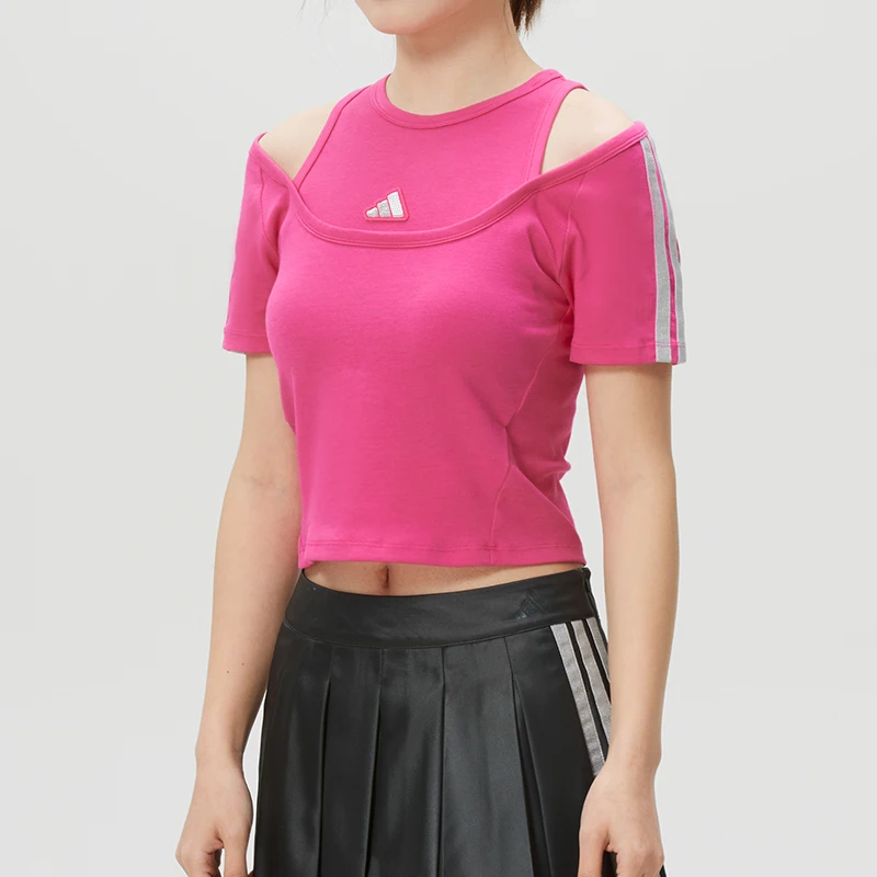 

Adidas T-Shirt Women's Sportswear Fashionable Off-The-Shoulder Fake Two-Piece Short-Sleeved Slim-Fit Training Wear Kr7607