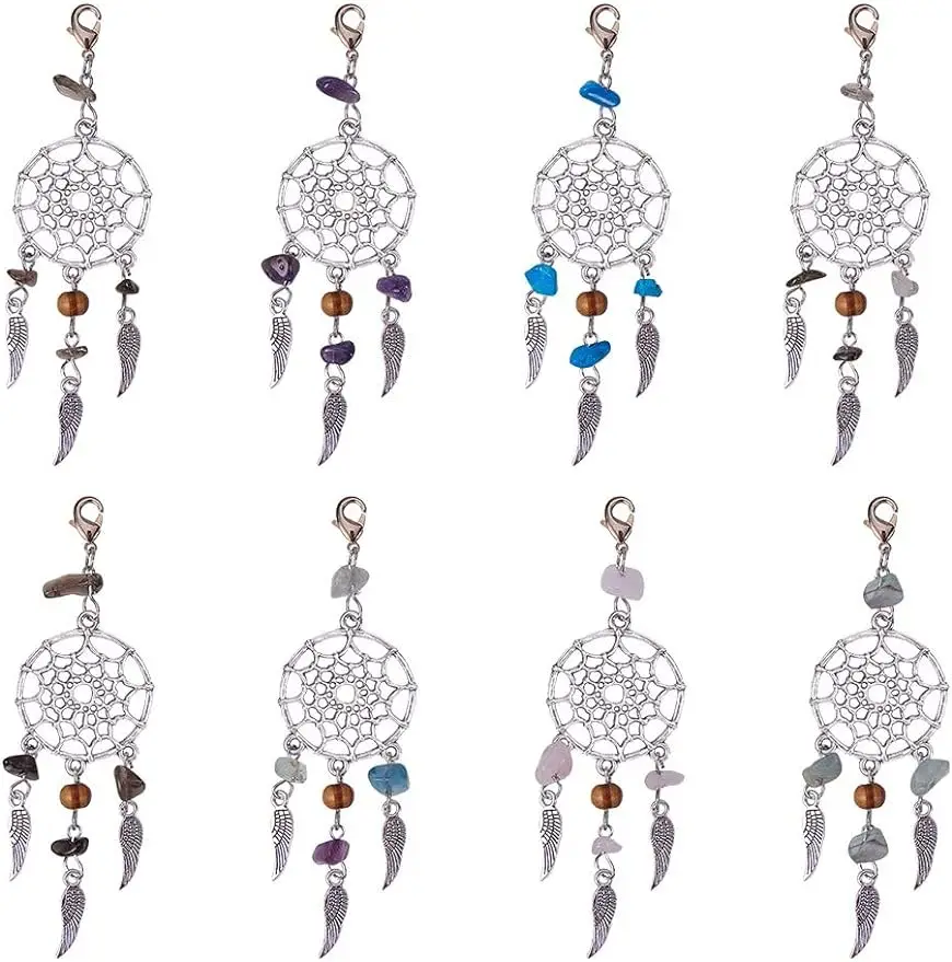 

30Pcs Alloy Dream Catcher Dreamcatcher Charms Pendants with Feathers Tassels Gemstone Beads and Brass Lobster