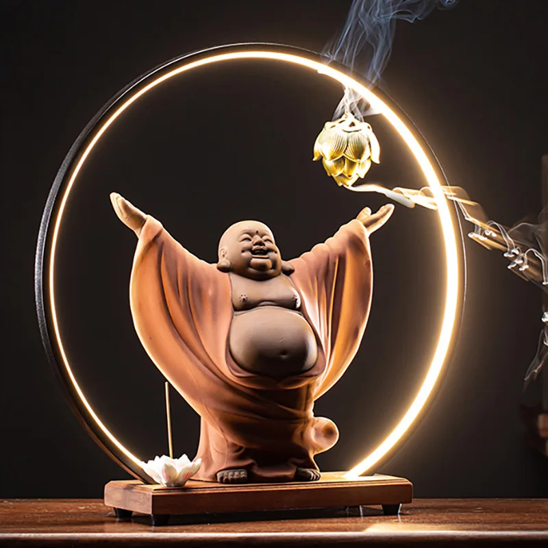 Imagem -03 - Led Buddha Backflow Incenso Queimador Grande Resina Maitreya Buddha Estátua Decoração para Casa Acessórios Grande Belly Buddha Estátua