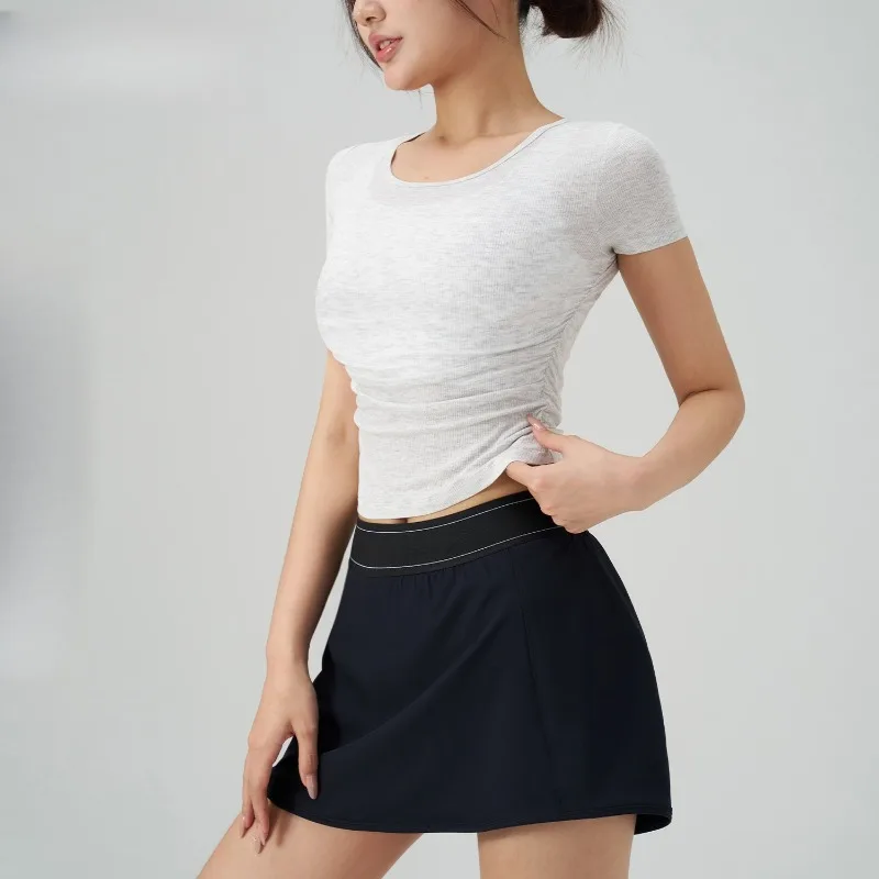 Camicetta attillata estiva Tuta da yoga Spalla frontale Vita Manica corta T-shirt sportiva da donna Tuta da fitness da corsa