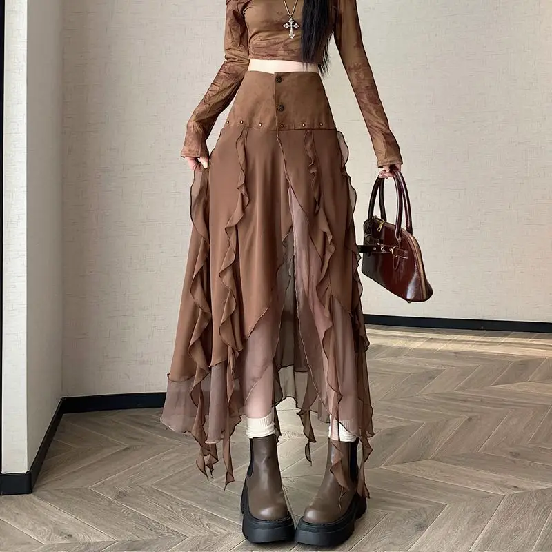 

High Waist A-Line Skirt Women's Early Autumn Irregular Me Skirt Deer Skin Velvet Waste Land Sle Slimming Midi Skirt